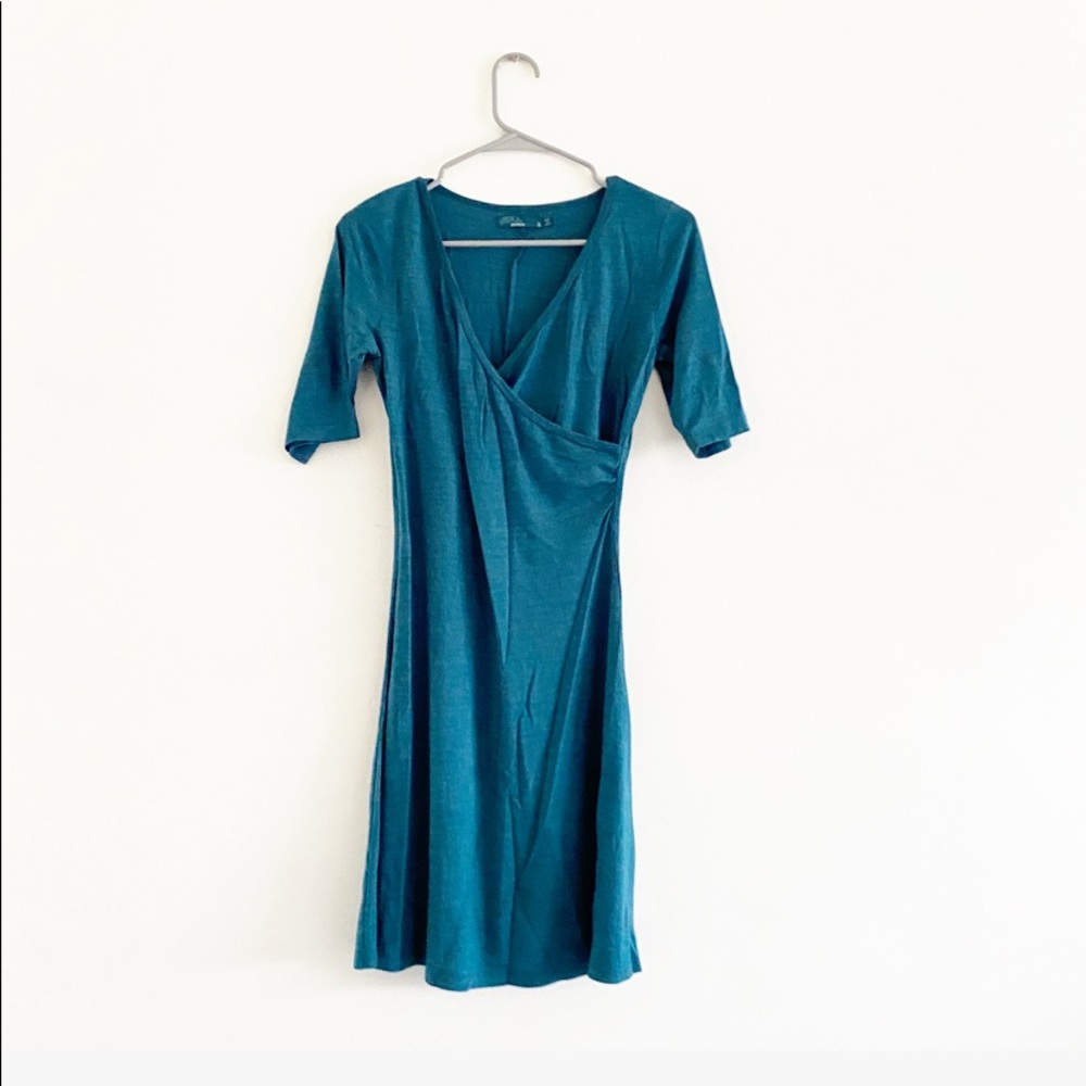 Prana small blue green faux wrap dress